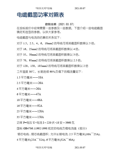 2021年电缆截面功率对照表