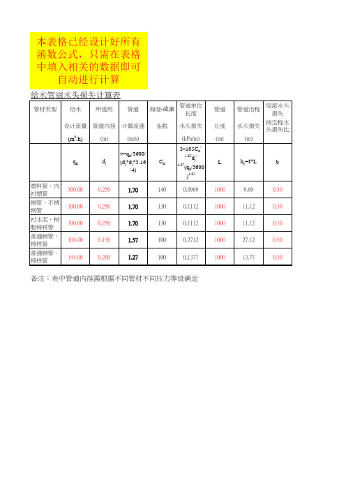 给水管道水头损失自动计算表