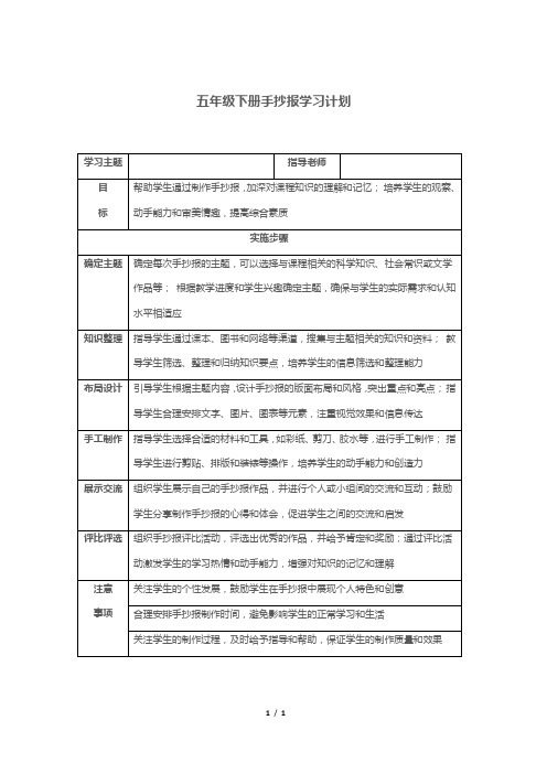 五年级下册手抄报学习计划