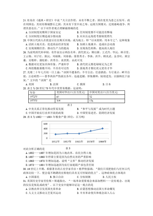 【2014哈三中校三模】黑龙江省哈三中2014届高三第三次高考模拟考试 文综历史 Word版含答案