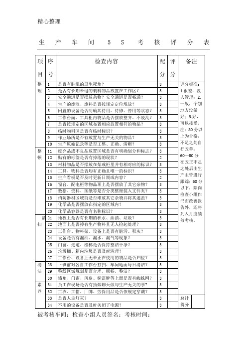 生产车间S考核评分表格模板