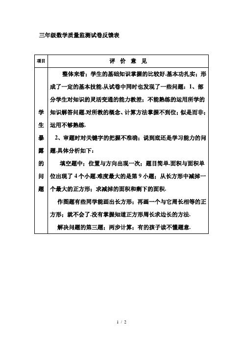 三年级数学质量监测试卷反馈表