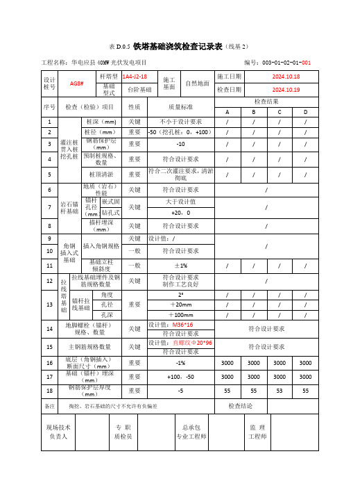 表D.0.5 铁塔基础浇筑检查记录表(线基2)