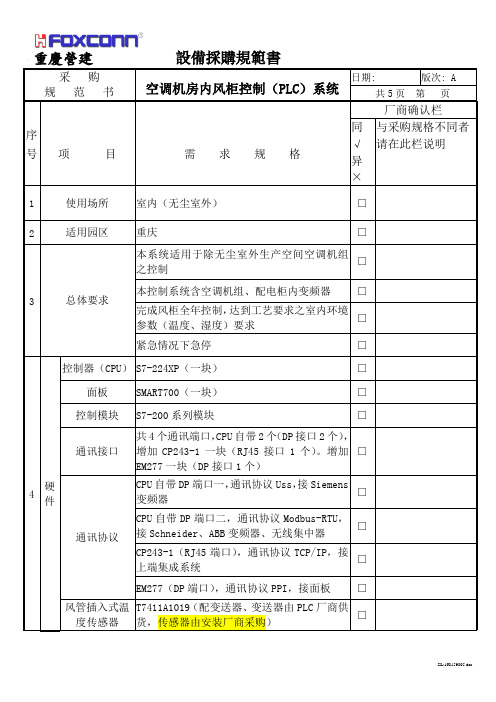 风柜自控PLC箱规范书(需修改)