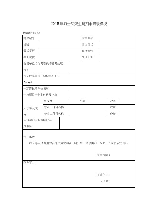 (完整版)2018年硕士研究生调剂申请表模板