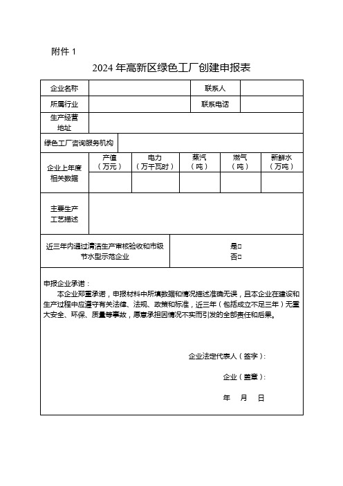 2024年高新区绿色工厂创建申报表