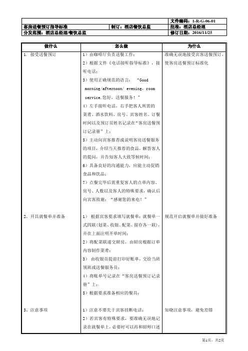 客房送餐预订指导标准