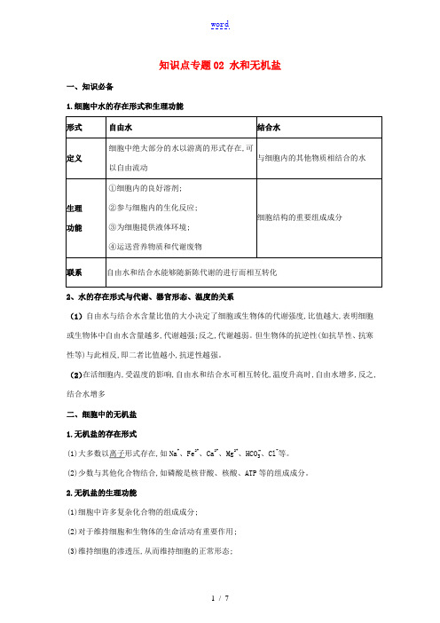 高考生物一轮复习 知识点(上)专题02 水和无机盐(含解析)-人教版高三全册生物试题