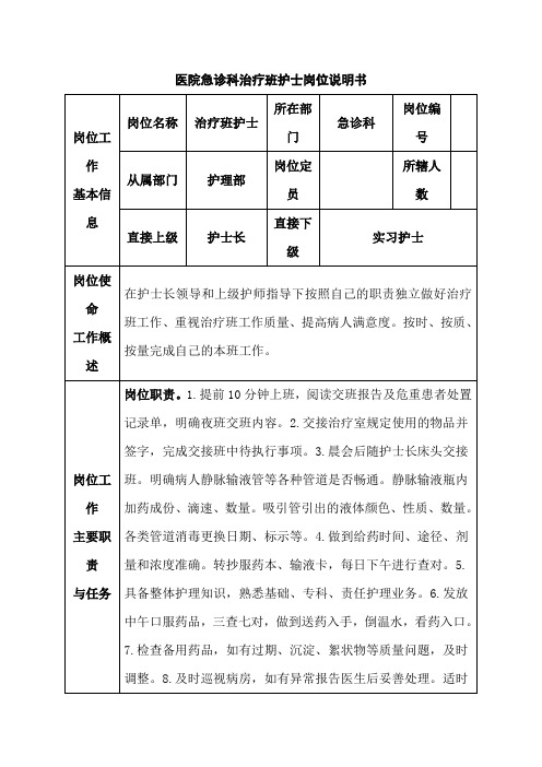 医院急诊科治疗班护士岗位说明书