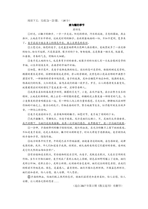 2020年中考语文文学类阅读《麦与镰的季节》练习及答案