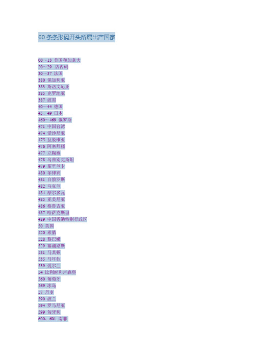 60条条形码开头所属出产国家