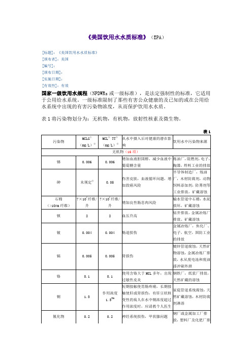 美国饮用水水质标准(EPA)