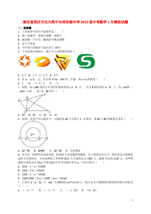 湖北省武汉市北大附中为明实验中学2015届中考数学1月模拟试题(含解析)