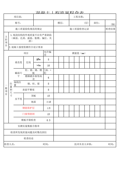 混凝土工程质量检查表