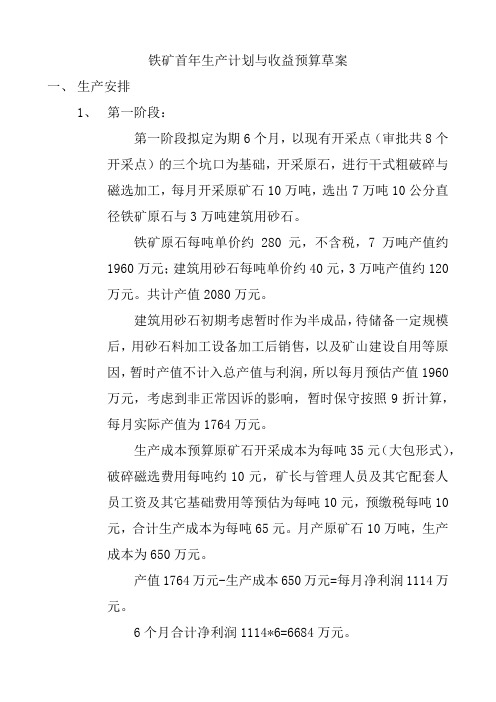 铁矿开采首年生产计划及效益分析草案