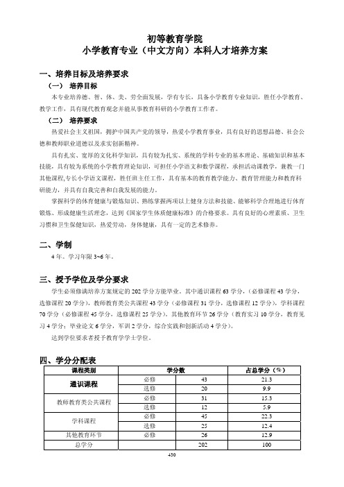 首都师范大学_初等教育_小学教育专业培养方案