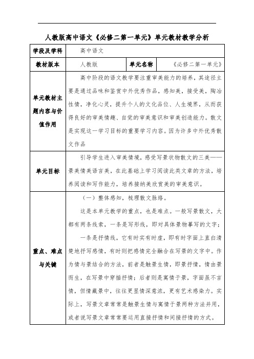 人教版高中语文《必修二第一单元》单元教材教学分析