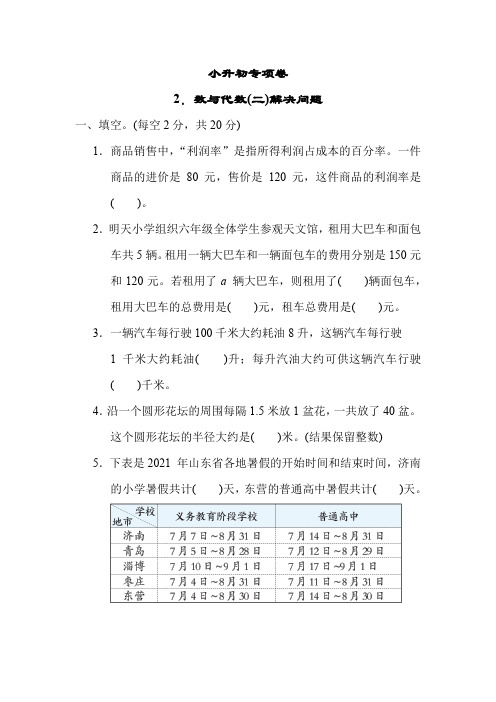 青岛版数学六年级下册-小升初专项卷2.数与代数(二)解决问题(有答案)