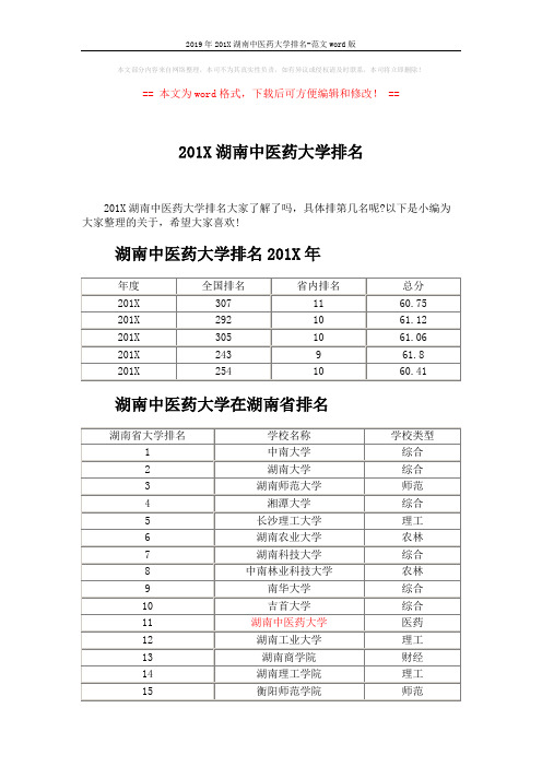 2019年201X湖南中医药大学排名-范文word版 (4页)