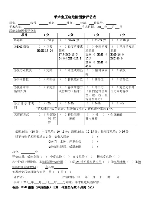 手术室压疮危险因素评估表