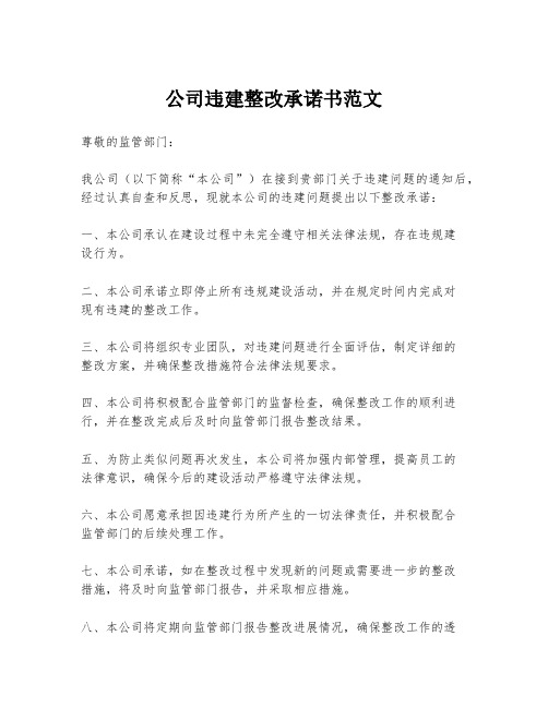 公司违建整改承诺书范文