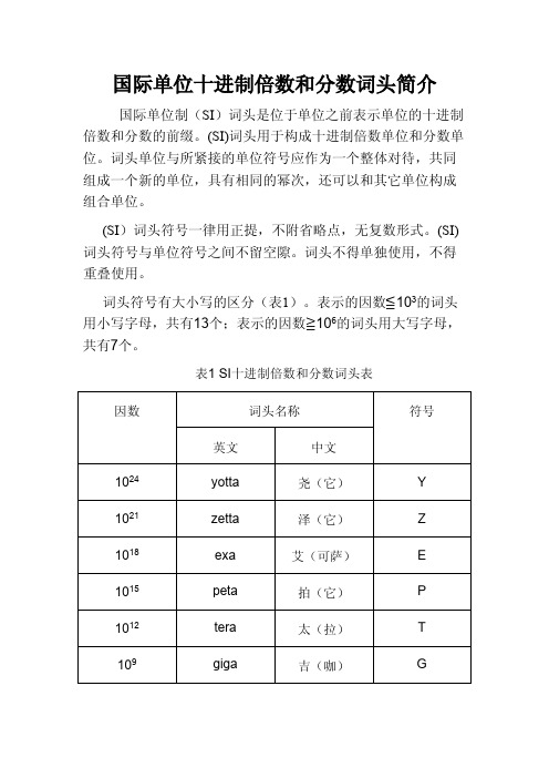 国际单位十进制倍数和分数词头简介