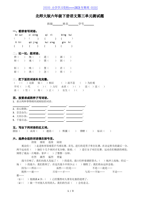 北师大版六年级语文下册第三单元试卷