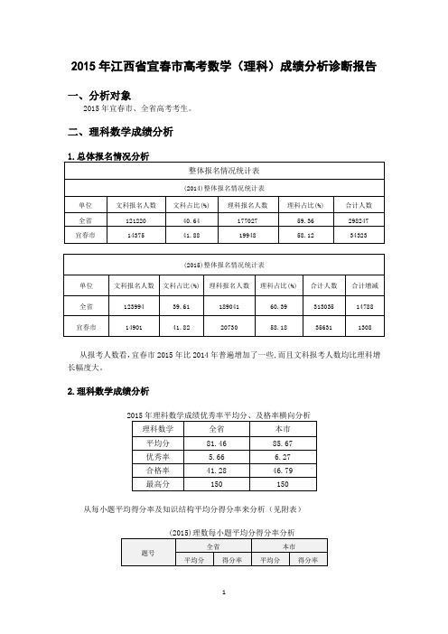 学会分析高考数据：2015年江西省宜春市高考数学(理科)成绩分析诊断报告