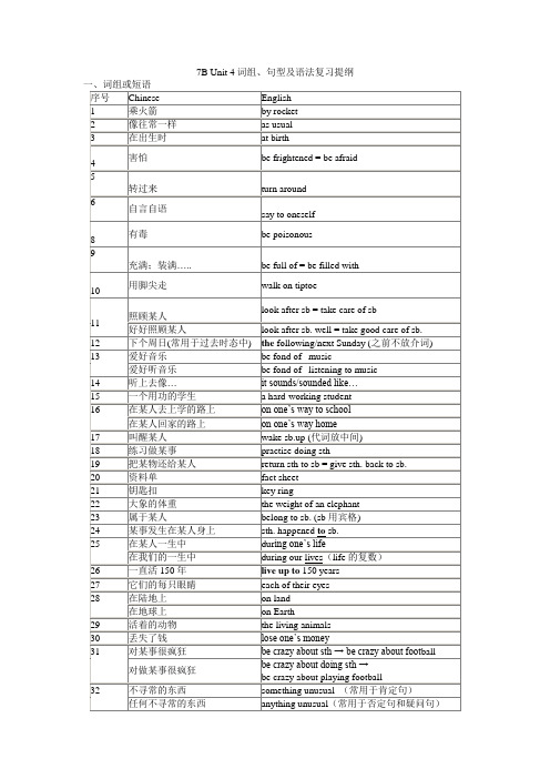 7B-Unit-4词组、句型及语法复习提纲