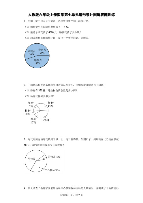 人教版六年级上册数学第七单元扇形统计图解答题训练