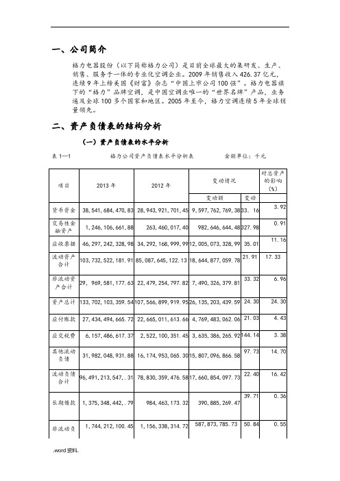 格力电器资产负债表及偿债能力分析报告