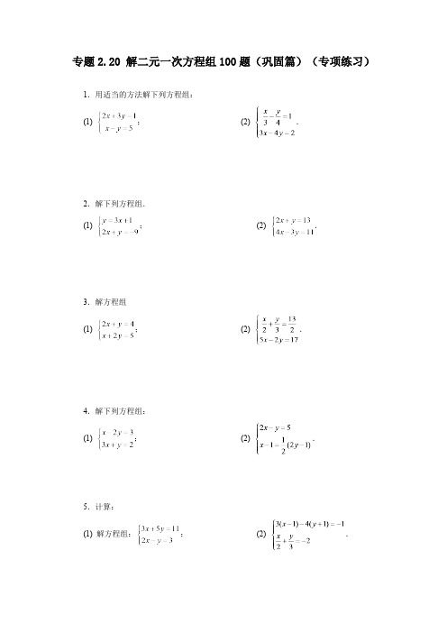 2.20 解二元一次方程组100题 浙教版数学七年级下册基础知识讲与练巩固篇(含答案)