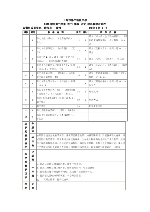 沪教版八年级下学期语文教学计划表