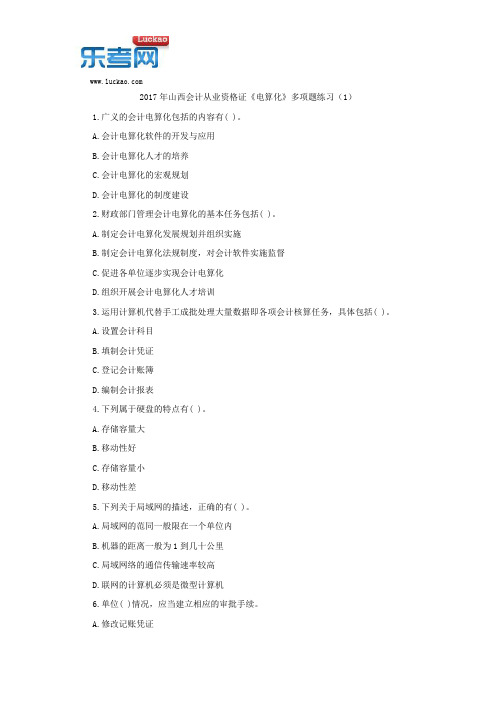 2017年山西会计从业资格证《电算化》多项题练习(1)