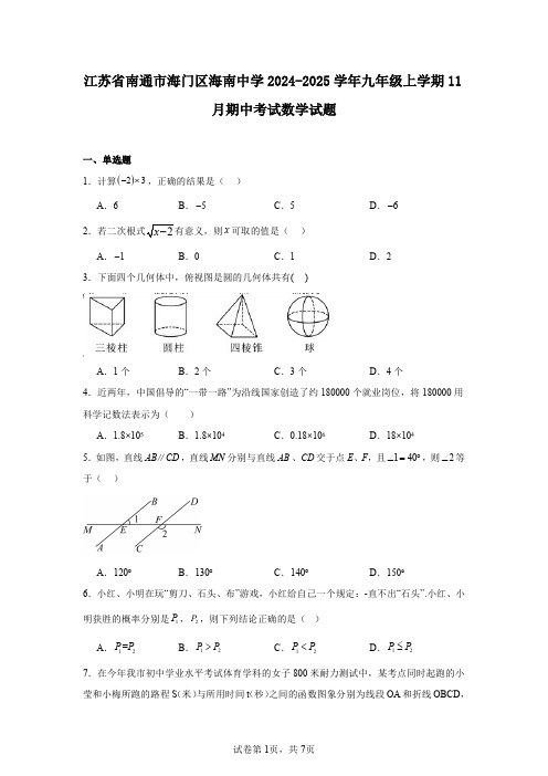 江苏省南通市海门区海南中学2024-2025学年九年级上学期11月期中考试数学试题