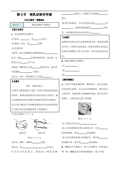 人教版八年级生物上册 哺乳动物导学案金品