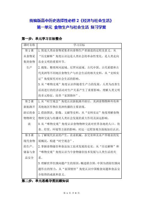 统编版高中历史选择性必修2《经济与社会生活》第一单元 食物生产与社会生活 复习学案