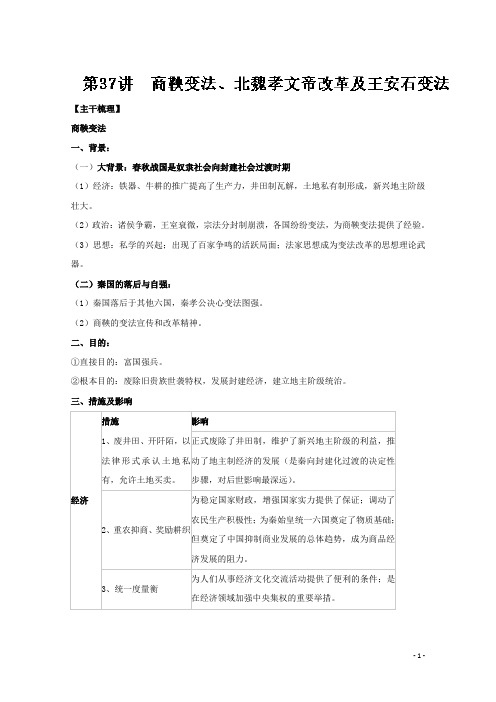 2018届一轮复习人教版:专题37:商鞅变法、北魏孝文帝改革及王安石变法-学案