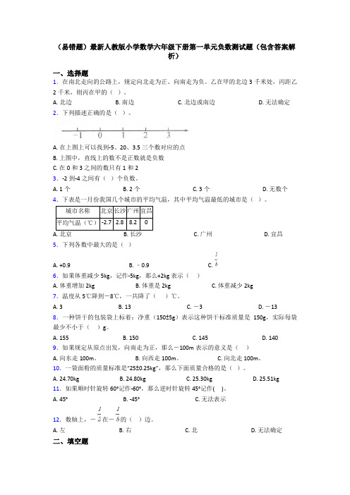 (易错题)最新人教版小学数学六年级下册第一单元负数测试题(包含答案解析)