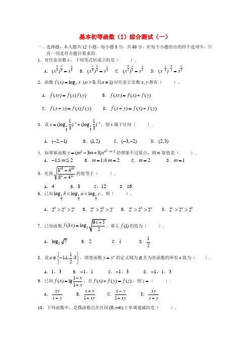 高中数学 第二章基本初等函数(I)综合测试(一) 新人教A版版必修1