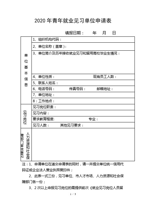 2020年青年就业见习单位申请表