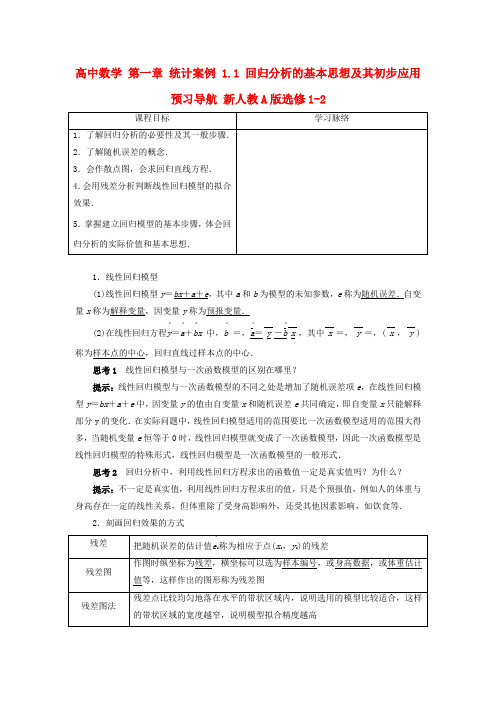 高中数学第一章统计案例1.1回归分析的基本思想及其初步应用预习导航新人教A版选修1-2