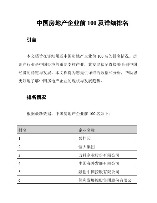 中国房地产企业前100及详细排名