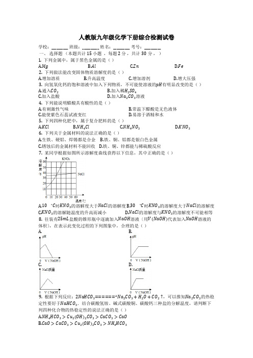 人教版九年级化学下册综合检测试卷有答案