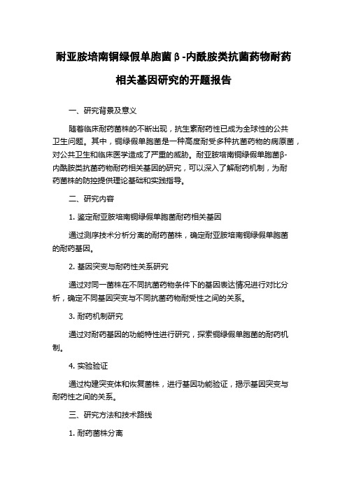 耐亚胺培南铜绿假单胞菌β-内酰胺类抗菌药物耐药相关基因研究的开题报告