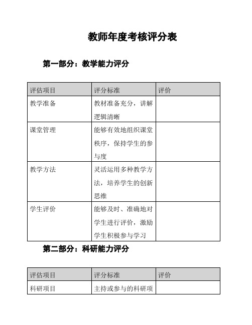 教师年度考核评分表