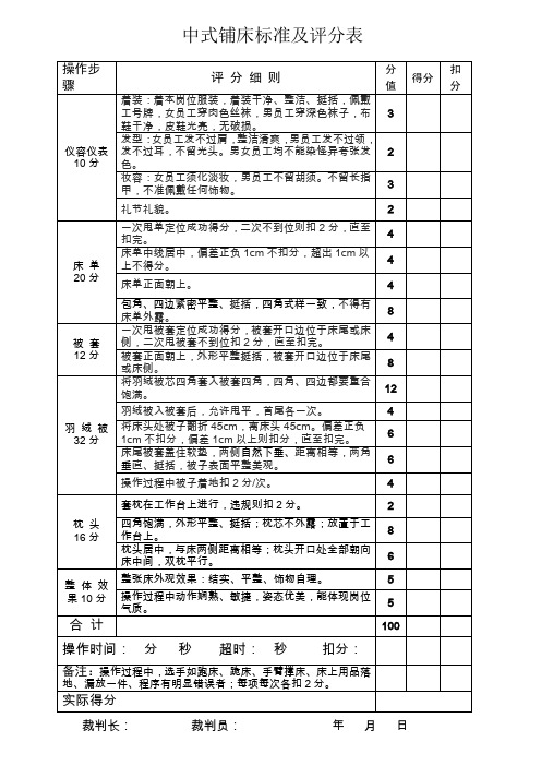 中式铺床评分表