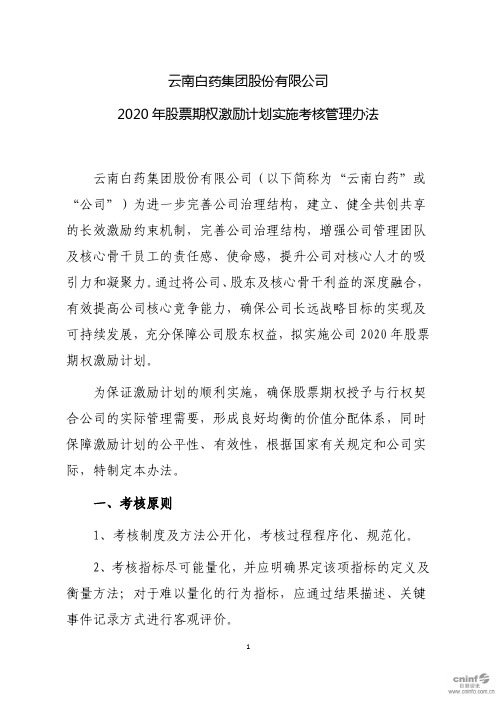 云南白药：2020年股票期权激励计划实施考核管理办法(已取消)