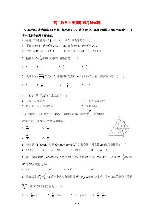 甘肃省2020学年高二数学上学期期末考试试题理 