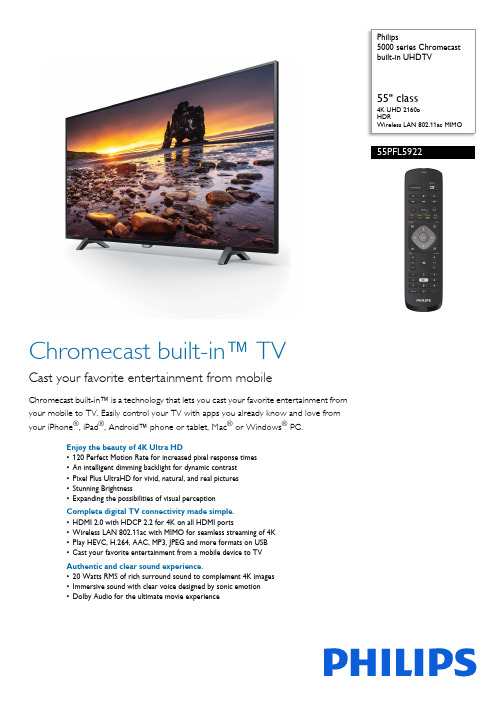 Philips 55PFL5922 5000系列 Chromecast 内置 UHD 电视说明书